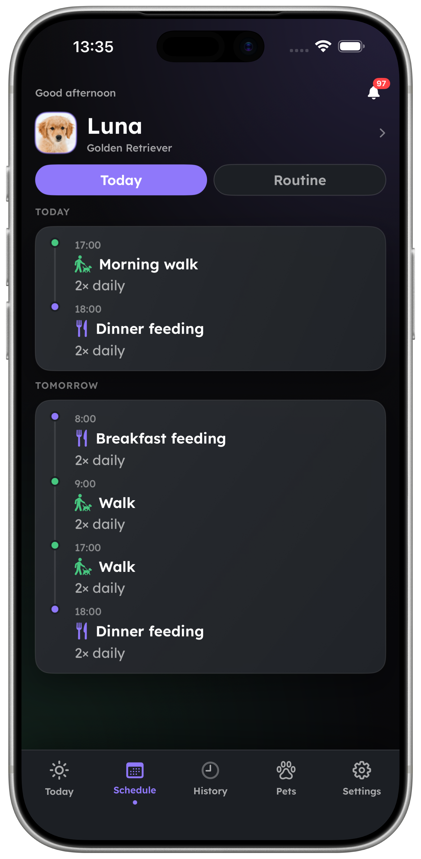 Schedule view showing today and tomorrow's routine for Luna